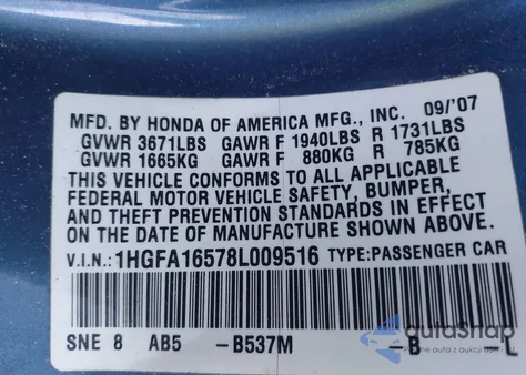 2008 Honda Civic Lx из США, поврежденный, VIN 1HGFA16578L009516